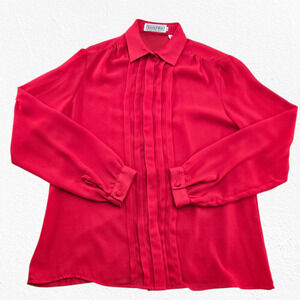 Vintage 1990s Josephine Red Pleated Front Blouse Size 14 Polyester Long Sleeve